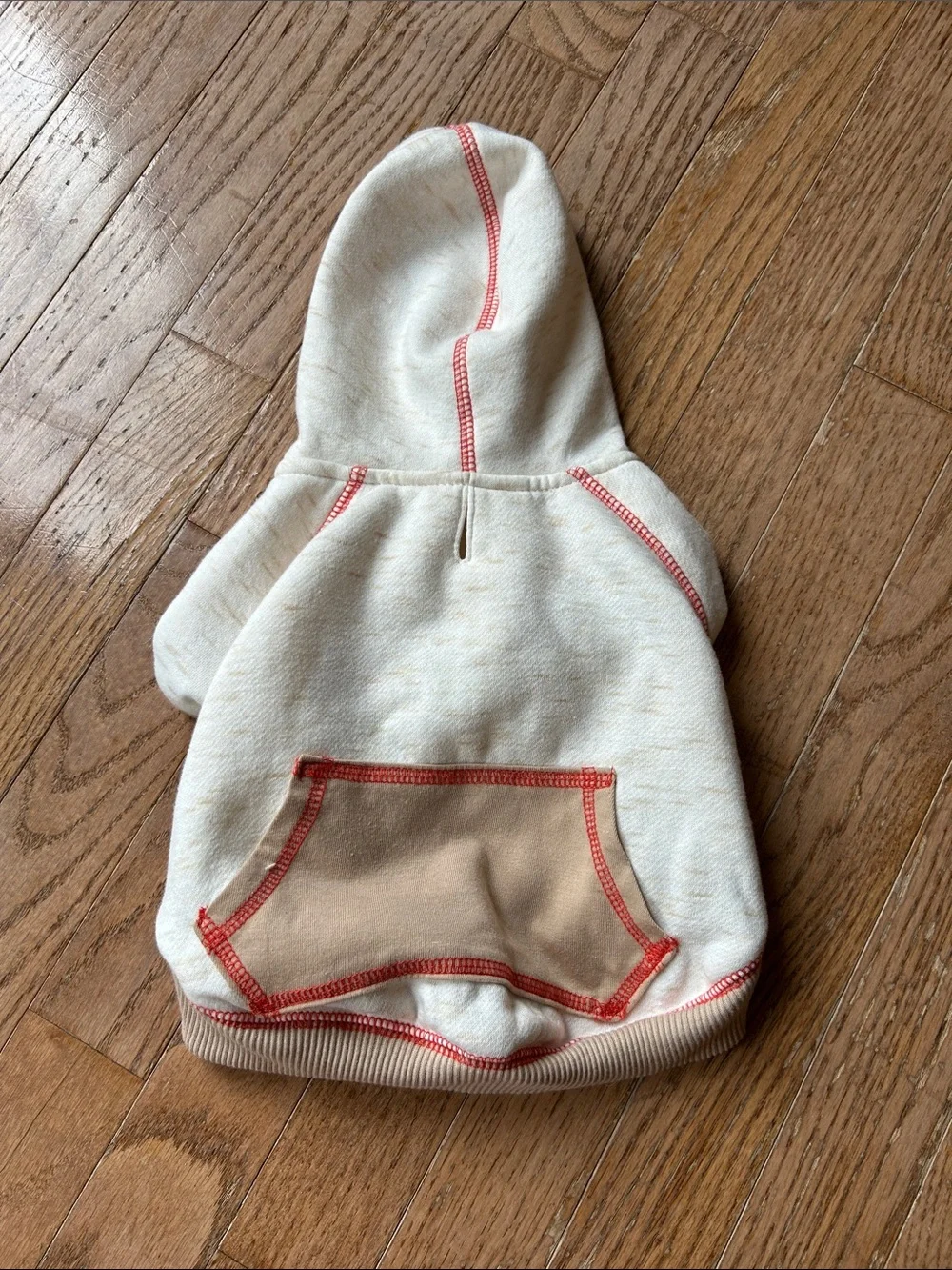 Dog Cream Hoodie with Tan Pocket and Coral Stitching
